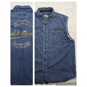 Harley Davidson Denim Vest Mens XXL‎ Blue Snap Distressed Biker Grunge Y2K